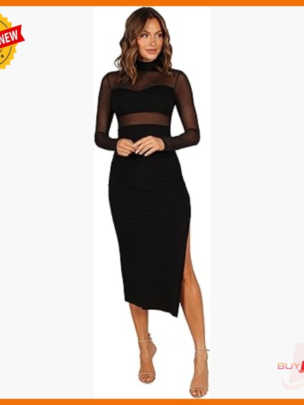 Long Sleeve Midi Dress Mesh Top Cut Out Detail Side Split